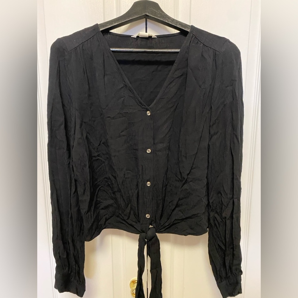 H&M Black Snake Skin Texture Tie Front Blouse with Buttoned Design